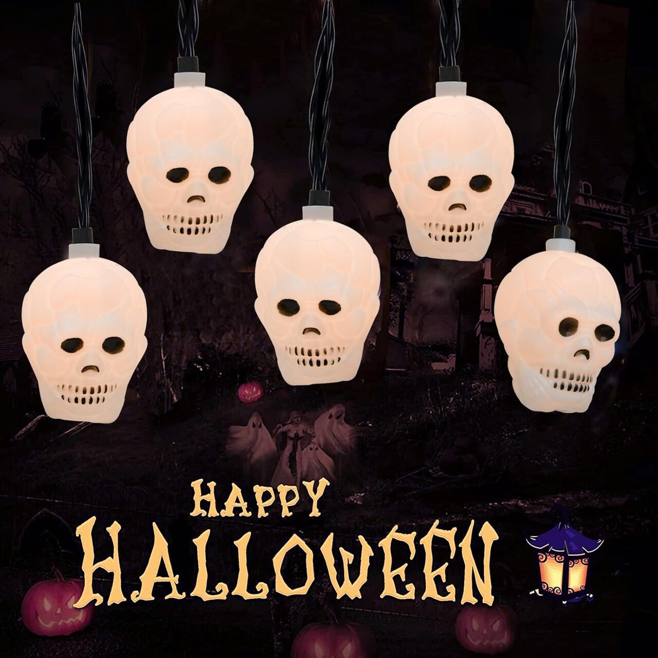 Halloween Skull String Lights, 8.5Ft Outdoor Halloween Decorative Lights with 10 White Ghost Heads, Connectable Hanging Skull Lights for Indoor & Outdoor Patio Party Holiday Decor, Black Wire (Ghost Lights)